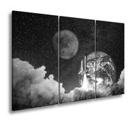 WTD - Stampa su tela, motivo: lancio di razzi davanti alla terra e Marte nel mare delle stelle, dimensioni: 120 x 80 cm (3 pezzi) effetto: bianco e nero, XXL, stampa su telaio, decorazione da parete o