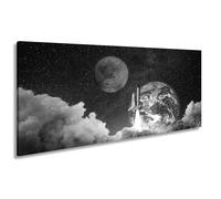 WTD - Stampa su tela, motivo: lancio di razzi davanti alla terra e Marte nel mare stellato, panorama, 120 x 60 cm, colore: bianco e nero, XXL, su telaio, decorazione da parete