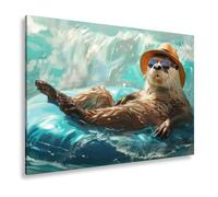 WTD - Stampa su tela, motivo: lontra che gode della vita sull'onda, formato XXL, 70 x 50 cm, immagine su telaio, decorazione da parete e soggiorno