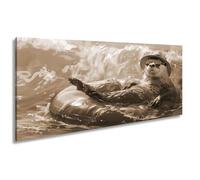 WTD - Stampa su tela, motivo lontra che gode della vita sull'onda panoramica, 120 x 60 cm, effetto seppia XXL, stampa artistica su telaio, decorazione da parete o soggiorno