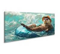 WTD - Stampa su tela, motivo: lontra che gode della vita sull'onda panoramica, XXL, 120 x 60 cm, su telaio, decorazione da parete e soggiorno
