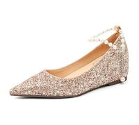 Wtharosa Ballerine a Punta Sexy Glitter Luccicanti Zeppa Interna Tacco Basso Cinturino di Perle Scarpe Eleganti per Gonne e Abiti,d'oro,36 EU