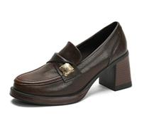 Wtharosa Décolleté Tacco Grosso Donna Punta Rotonda Mocassini Slip On con Dettaglio in Metallo Stile Francese retrò per Outfit Formali,Marrone,34 EU