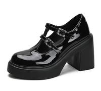 Wtharosa Mocassini con Rialzo Altezza Donna Platform Tacco Grosso Mary Jane per Stare in Piedi Tutto Il Giorno Cinturino a T Traspirante Punta Rotonda,Nero,37 EU