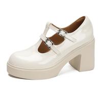 Wtharosa Mocassini con Rialzo Altezza Donna Platform Tacco Grosso Mary Jane per Stare in Piedi Tutto Il Giorno Cinturino a T Traspirante Punta Rotonda,Apricot,40 EU