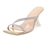 Wtharosa Mules con Tacco Punta Quadrata Donna Fascetta Trasparente Decorata con Strass Sandali a Infilare Tacchi da Sera Brillanti per Festa Cocktail e Cena Romantica,d'oro,40 EU