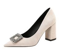 Wtharosa Pumps da Corte in Pelle Scamosciata Donna Tacco a Blocco Punta Acuminata Fibbia di Cristallo Scarpe Tacchi da Sera Professionali per Riunioni di Business e Abbigliamento,Apricot 7cm,41 EU