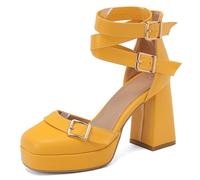 Wtharosa Sandali con Piattaforma per Invitata A Matrimonio Donna Punta Quadrata Parte Anteriore Chiusa Tacco Massiccio Fibbia Cinturino Scarpe Eleganti per Festa Ed Eventi Serali,Giallo,49 EU