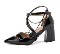 Wtharosa Sandali Eleganti Metallizzati Punta Aguzza Allacciatura Tacco a Blocco Punta Chiusa Tacchi di Moda per Serata di Festa e Pista da Ballo Tomaia in Microfibra,Nero,44 EU