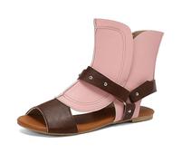 Wtharosa Sandali Gladiatori Due Toni Donna Flat Punta Peep Toe Patchwork di Pelle Romani con Cinturino alla Caviglia Flat Scarpe da Passeggio Estive Stilose Viaggio in Città,Rosa,41 EU