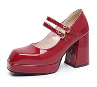 Wtharosa Scarpe col Tacco da Sera Donna Tacco a Blocco Massiccio Doppio Cinturino Punta Quadrata Mary Jane Eleganti Court Scarpe per Eventi a Cena e Occasioni Semi Formali,Burgundy,36 EU