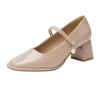 Wtharosa Scarpe da Sera da Donna Mary Jane in Vernice con Perla per Cocktail e Cerimonie Décolleté a Punta Quadrata con Tacco Largo,Nude,41 EU