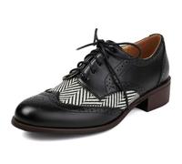 Wtharosa Scarpe Oxford Brogue da Donna Stile Punk con Lacci Punta Rotonda Tacco a Blocco Design a Quadri Color Block Tomaia in PU Decorazione Wingtip Suola in Gomma per,Nero,37 EU