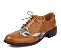 Wtharosa Scarpe Oxford Brogue da Donna Stile Punk con Lacci Punta Rotonda Tacco a Blocco Design a Quadri Color Block Tomaia in PU Decorazione Wingtip Suola in Gomma per,Giallo,47 EU