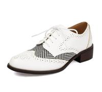 Wtharosa Scarpe Oxford Brogue da Donna Stile Punk con Lacci Punta Rotonda Tacco a Blocco Design a Quadri Color Block Tomaia in PU Decorazione Wingtip Suola in Gomma per,Bianca,40 EU