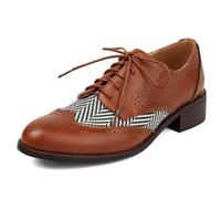 Wtharosa Scarpe Oxford Brogue da Donna Stile Punk con Lacci Punta Rotonda Tacco a Blocco Design a Quadri Color Block Tomaia in PU Decorazione Wingtip Suola in Gomma per,Marrone,35 EU