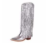 Wtharosa Stivali con Frange Paillettes Metallizzati al Ginocchio Stile Western Punta A Punta per Sfilata Moda Festa Festival Notte Club Danza Performance Outfit,Argento,46 EU