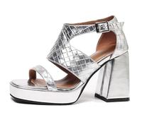 Wtharosa Tacchi con Piattaforma Donna Punta Quadrata Punta Aperta Tacco A Blocco Massiccio Sandali Scarpe Eleganti Eleganti per Invitata A Matrimonio Ed Eventi Cocktail Durevoli,Argento,34 EU