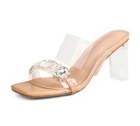 Wtharosa Tacchi da Sera Donna Cristallo Strass Cinturino Punta Quadrata Tacco Basso Muli Slip On Sandali per Ospite di Matrimonio e Scarpe di Galateo da Damigella per Banchetto Formale,Nude 5cm,38 EU