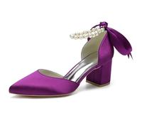 Wtharosa Tacchi da Sposa in Raso Donna Punta Aguzza Tacco A Blocco Cinturino con Perle Fiocco Scarpe Chic Eleganti Stile Moderno Raffinato per Festa Nuziale E Cena Formale,Viola,39 EU