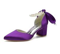 Wtharosa Tacchi da Sposa in Raso Donna Punta Aguzza Tacco A Blocco Cinturino con Perle Fiocco Scarpe Chic Eleganti Stile Moderno Raffinato per Festa Nuziale E Cena Formale,Dark Purple,36 EU