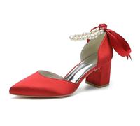 Wtharosa Tacchi da Sposa in Raso Donna Punta Aguzza Tacco A Blocco Cinturino con Perle Fiocco Scarpe Chic Eleganti Stile Moderno Raffinato per Festa Nuziale E Cena Formale,Rosso,37 EU