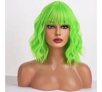 Wthcos Parrucca corta verde neon bob parrucca corta parrucca verde verde per le donne parrucca verde lime parrucca riccia e ondulata con frangia, parrucche sintetiche resistenti al calore per uso