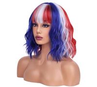 WTHCOS Parrucca rossa bianca e blu breve bob parrucca donna misto rosso bianco blu ricci ondulati con frangia resistente al calore