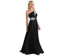 WTWVIAN Abito da sera da donna monospalla in chiffon, lunghezza fino al pavimento, con paillettes e perline, abito da damigella d'onore, Nero , 38