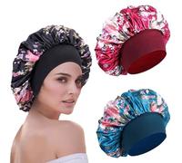 WUBAYI Cuffia in morbido raso, 3 pezzi, per dormire, per la cura dei capelli, per dormire durante la notte, per donne e ragazze, per capelli ricci, blu, nero, rosso., Taglia unica