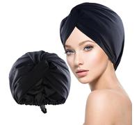 WUBAYI Cuffia in seta per dormire, imitazione notte, avvolgimento in seta con bottone elastico regolabile, morbida copertura per la testa da donna con capelli ricci, Nero