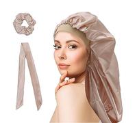 WUBAYI Cuffia per dormire in seta, con ampia fascia elastica, morbida cuffia per dormire in raso per donne e ragazze, per donne e ragazze, per capelli ricci (champagne)