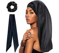 WUBAYI Fascia per capelli in seta per dormire, cuffia in raso con ampia fascia elastica, morbida cuffia per dormire per donne e ragazze capelli ricci (nero)