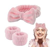 WUBAYI Set di 3 fasce da polso per spa con fascia da polso, portatile, impermeabile, per trucco e trucco, in morbida peluche, elastica, per lavare il viso, con set di braccialetti (rosa)
