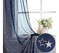 WUBODTI Tende trasparenti blu navy con stelle per camera dei bambini, 99 x 260 cm di lunghezza, 2 pannelli, con tasca per asta, stampa luna argentata, extra lunghe, in voile, per camera da letto dei