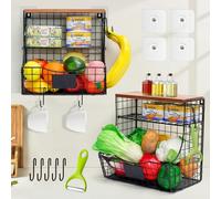 Wuciray 2PCS Porta Frutta da Parete Cesti per Frutta da Appendere Porta frutta da Tavolo con Coperchio in Legno con 5 Ganci Cesto Impilabile per Conservare Verdure Frutta Snack