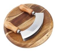 Wudaizhi Mezzaluna Tritatutto E Tagliere in Legno 2 Pezzi Coltello a Doppia Lama in Acciaio Inossidabile Tagliere in Legno Curvo Tagliere per Mannaia per Erbe Tritatutto per Insalata