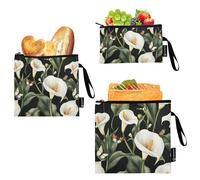 Wudan Art Calla Lily - Sacchetti riutilizzabili per panini e snack, confezione da 3 pezzi, adatti per alimenti, da cucina, per viaggi, picnic, spiaggia