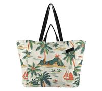 Wudan Borsa in tela alla moda da cucina, borsa per la spesa, borsa da donna, per viaggi, spiaggia, matrimonio, lavanderia, colorata, palme, isola