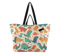 Wudan Borsa in tela impermeabile da cucina, borsa per la spesa, borsa da spiaggia per donne, matrimoni, viaggi, lavanderia, mostri colorati dinosauri beige