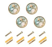 Wudan Confezione da 4 pomelli e pomelli per armadietti, 3,2 cm, dorati, per cassettiere, conchiglie e stelle marine sulla spiaggia sabbiosa
