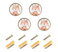 Wudan Confezione da 4 pomelli per armadi e cassetti, 32 mm, stile vintage, per armadio, acquerello, volpe, con delicato copricapo e cuori rosa