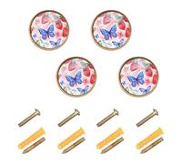 Wudan Confezione da 4 pomelli per armadi e cassetti, stile vintage, 3,2 cm, per porte, cassetti, graziose fragole, fiori, farfalla blu su rosa