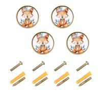 Wudan Confezione da 4 pomelli rotondi da 32 mm, per armadio da cucina, acquerello, volpe, copricapo con piume e foglie