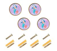 Wudan Confezione da 4 pomelli rotondi per armadietti, 32 mm, per armadi, sirena dai capelli blu con medusa rosa