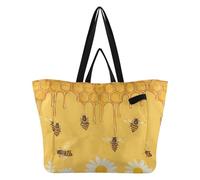 Wudan Grande borsa in tela riutilizzabile da cucina borsa da spiaggia per le donne accessori da viaggio picnic api margherite a nido d'ape