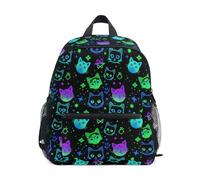 Wudan Mini zaino per ragazze con tasche per bottiglie per bambini studenti borse per libri per scuola materna, Gatti streghe neon di Halloween, M