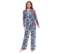 Wudan Pigiama da donna con agrifoglio, pigne e bacche, 2 pezzi, comodi, da uomo, per andare a casa, Christmas Holly Pine Cone Berry Blue, XX-Small