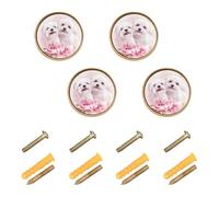 Wudan Pink Peonies - Confezione da 4 pomelli e maniglie per armadio da cucina, 32 mm, per appendere il guardaroba, allegri cuccioli bianchi