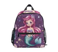 Wudan Zaino per bambini con tasche per bottiglie Borsa per libri per bambini per viaggi, Sirena pastello con rose e stelle marine, M